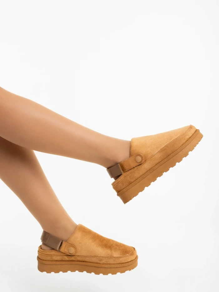 Дамски чехли камел от текстилен материал Luara