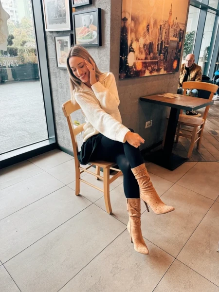 Дамски чизми бежови от текстилен материал Marizela