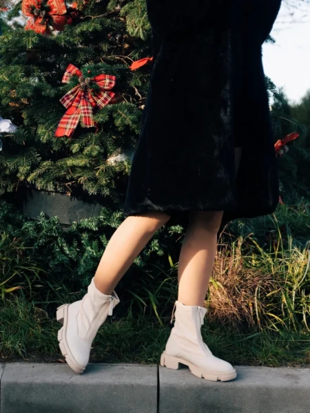 Дамски чизми  бежови  от еко кожа и текстилен материал Ramata