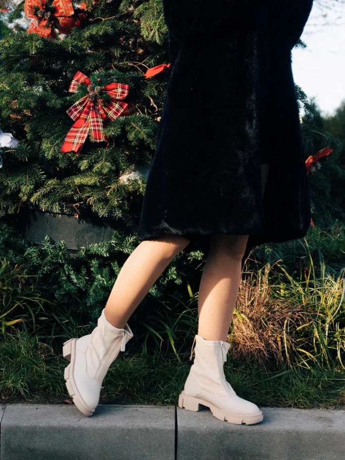 Дамски чизми  бежови  от еко кожа и текстилен материал Ramata