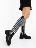 Дамски чизми черно-бели от екологична кожа и текстилен материал Migdalia