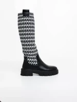 Дамски чизми черно-бели от екологична кожа и текстилен материал Migdalia