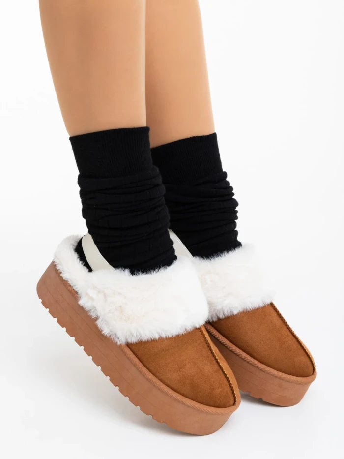 Дамски чехли камел от текстилен материал Delisia