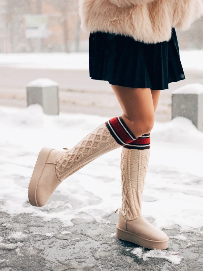 Дамски чизми бежови от текстилен материал Talora