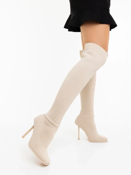 Дамски чизми с ток бежови от текстилен материал Santera