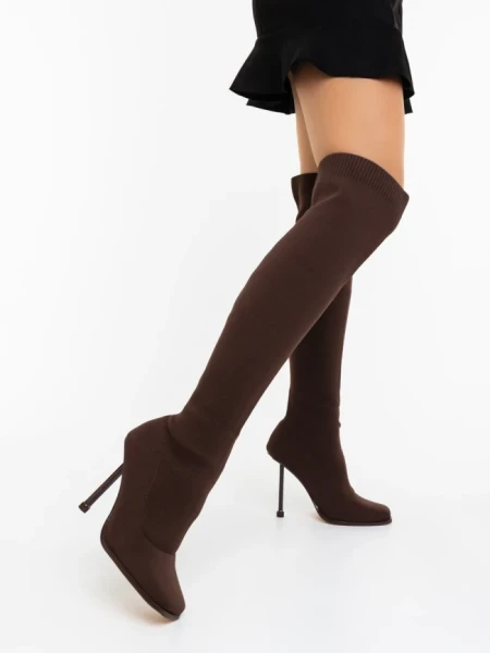 Дамски чизми с ток кафяви от текстилен материал Santera