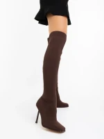 Дамски чизми с ток кафяви от текстилен материал Santera