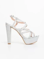 Дамски сандали с ток сребристи от текстилен материал Decera