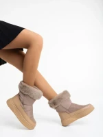 Дамски чизми каки от еко кожа и текстилен материал Janicia