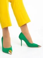 Дамски обувки  зелени  от текстилен материал  с ток  Melany