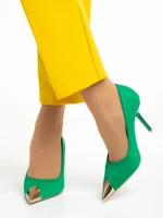 Дамски обувки  зелени  от текстилен материал  с ток  Melany