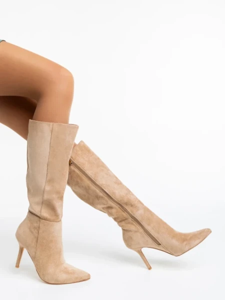 Дамски чизми бежови от текстилен материал Aleksandra