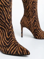 Дамски чизми бежови с черно от текстилен материал Ernestine