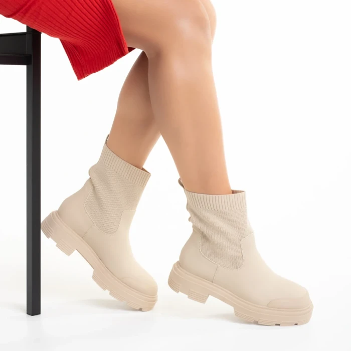 Дамски боти бежови  от еко кожа и текстилен материал  Chiara