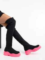 Дамски чизми черни с цикламено от текстилен материал Lesya