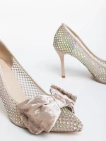 Дамски обувки с ток бежови  от текстилен  материал Marliss