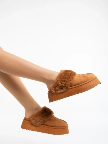 Дамски чехли камел от текстилен материал Lyzbeth