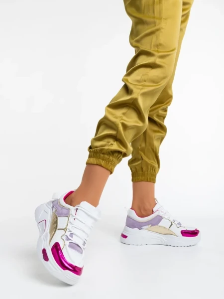 Дамски спортни обувки бели с цикламени от еко кожа и текстилен материал Reena