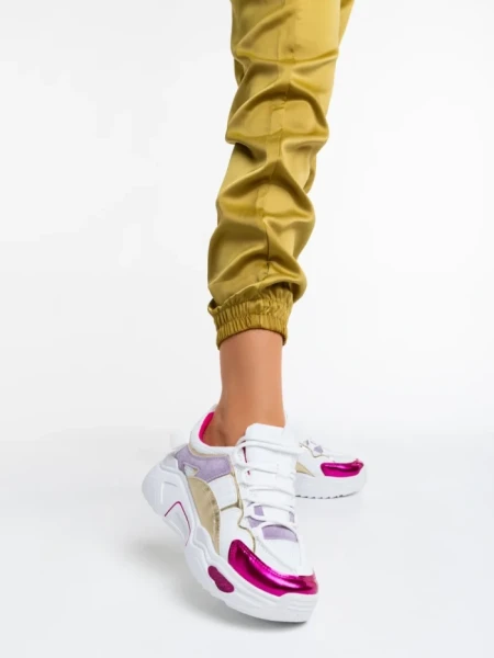 Дамски спортни обувки бели с цикламени от еко кожа и текстилен материал Reena