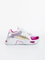 Дамски спортни обувки бели с цикламени от еко кожа и текстилен материал Reena
