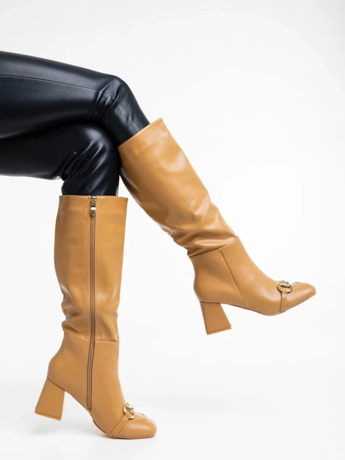 Дамски чизми бежови тъмно от еко кожа Karlee