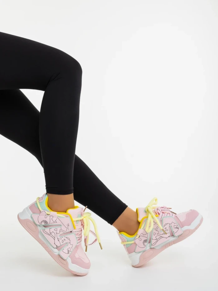 Дамски спортни обувки розово с жълто от екологична кожа Osiana