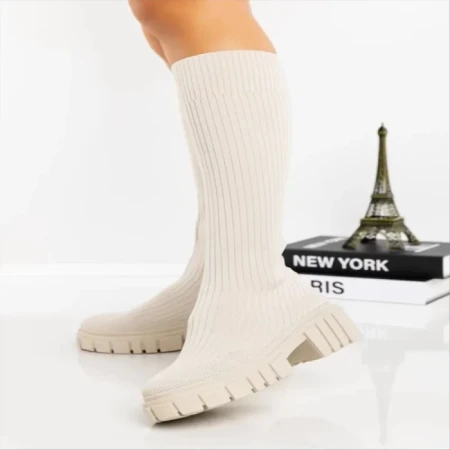 Дамски чизми бежови от текстилен материал  Desmi