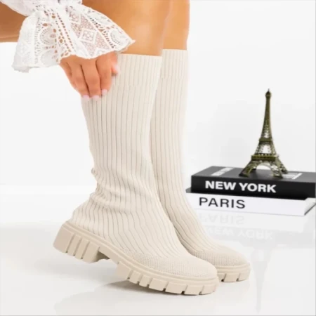 Дамски чизми бежови от текстилен материал  Desmi