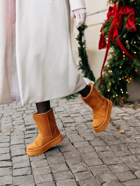 Дамски чизми камел от текстилен материал Peigi