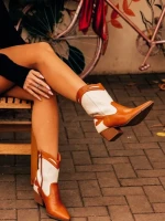 Дамски чизми камел с бежово от екологична кожа Nimera