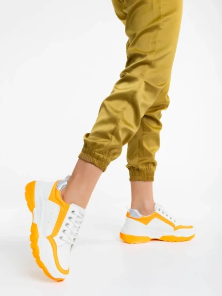 Дамски спортни обувки бели с оранжево от екологична кожа Mona