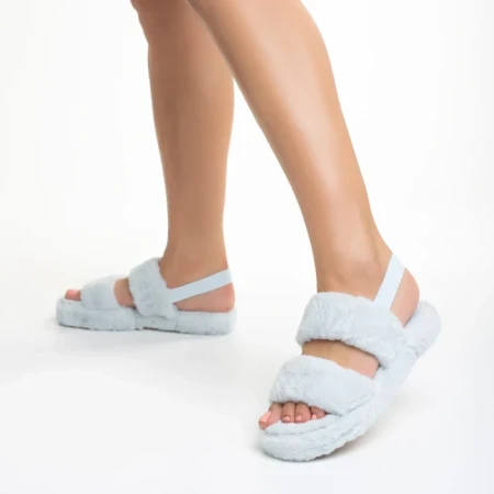 Дамски чехли сини от синтетична козина Reneka