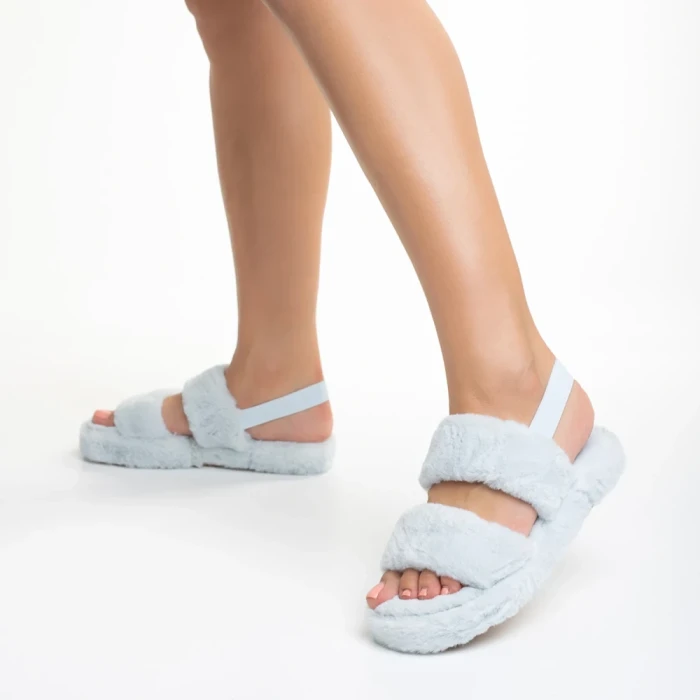 Дамски чехли сини от синтетична козина Reneka