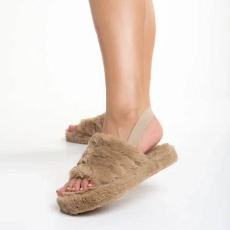 Дамски чехли тъмно бежови от синтетична козина Retal