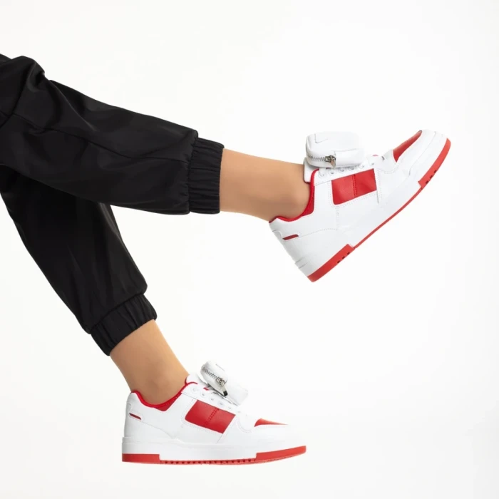 Дамски спортни обувки  бели с червено  от еко кожа Inola