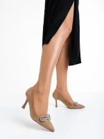 Дамски обувки  тъмно бежови с ток  от текстилен материал  Nayara