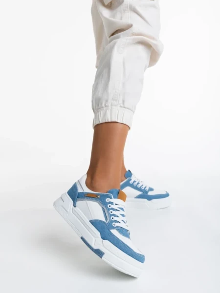 Дамски спортни обувки  бели със светло синьо от еко кожа Tasnia