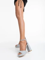 Дамски сандали сребристи  от текстилен материал  Teran