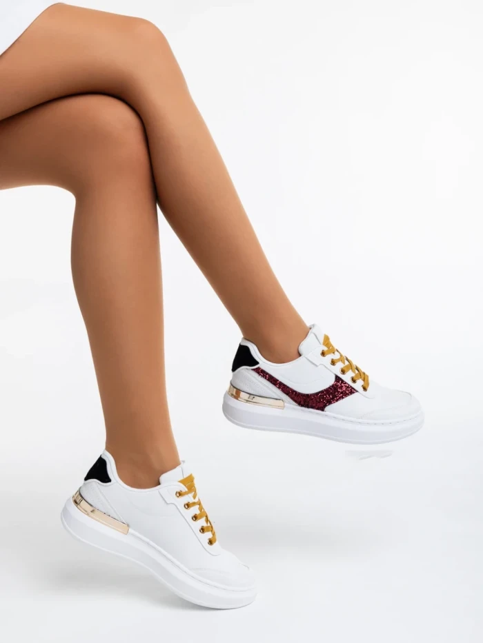 Дамски спортни обувки бели с червено от еко кожа Samya