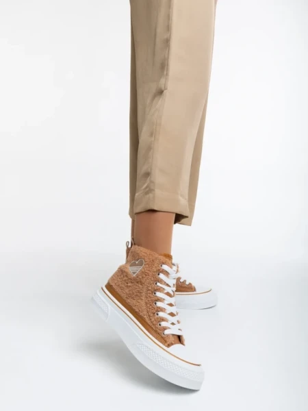 Дамски кецове камел от текстилен материал Yustina