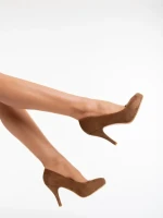 Дамски обувки  каки с ток  от текстилен материал  Neelima