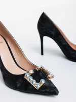 Дамски обувки с ток черни   от текстилен  материал Georgyna