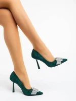 Дамски обувки с ток  зелени от текстилен  материал Tiphanie