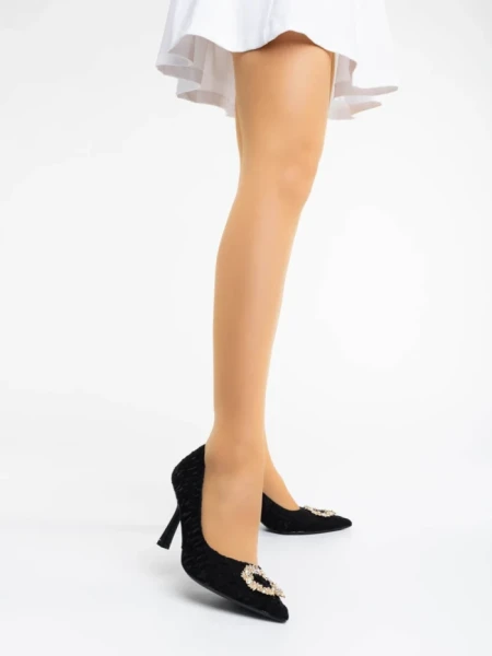 Дамски обувки с ток черни от текстилен  материал Aneisha