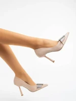 Дамски обувки с ток бежови  от текстилен  материал Tiphanie