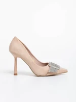 Дамски обувки с ток бежови  от текстилен  материал Tiphanie