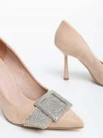 Дамски обувки с ток бежови  от текстилен  материал Tiphanie
