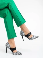 Дамски обувки с ток бели с черно от текстилен материал Sadiya