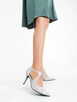 Дамски обувки с ток сребристи от текстилен материал Tinara