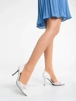 Дамски обувки с ток бели от текстилен материал и екологична кожа Orella